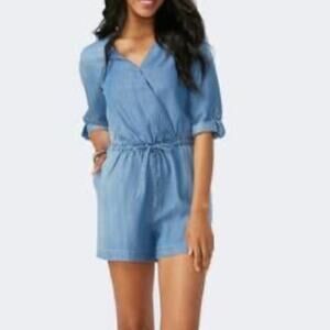 Cato Chambray Faux Wrap Roll Tab Sleeves Romper